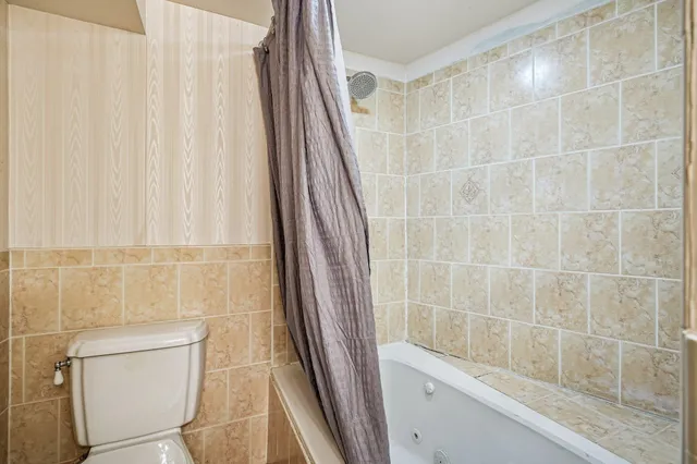 a bathroom with a shower and a toilet