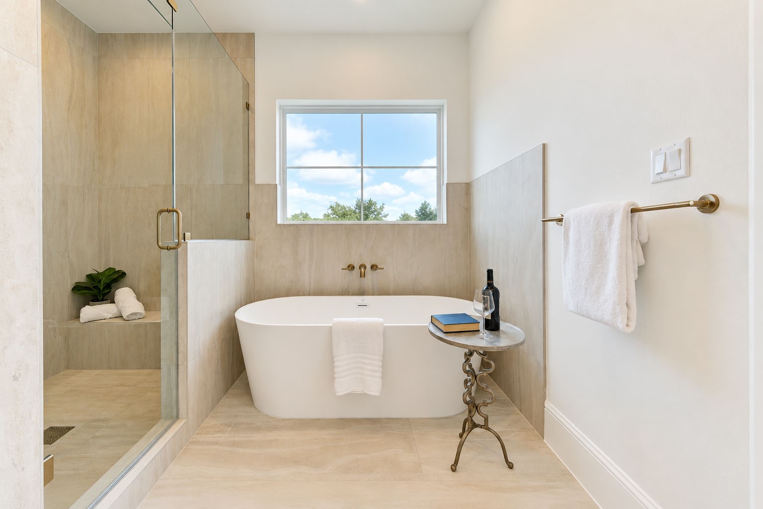 2311 Hollister Road Houston, TX 77080 - Photo 23 of 46 A true spa-like escape, the primary bath showcases a sculptural freestanding soaking tub, oversized glass-enclosed shower, designer fixtures, and sophisticated tilework. Natural light and serene finishes create an indulgent atmosphere designed for unwinding in style.
