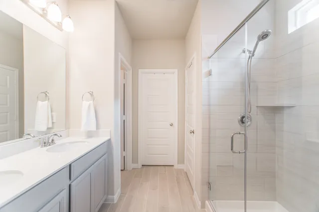 a bathroom with a shower sink and mirror