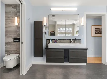 a bathroom with a sink and a mirror