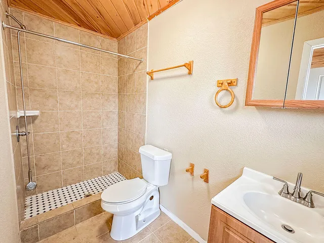 a bathroom with a sink toilet and shower