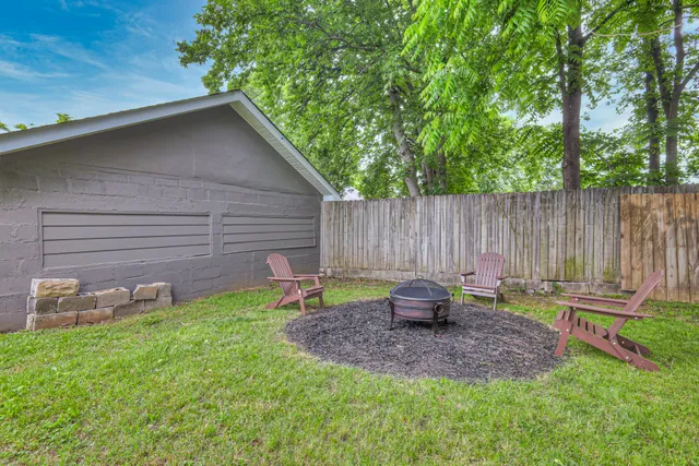 a backyard of a house with table and chairs