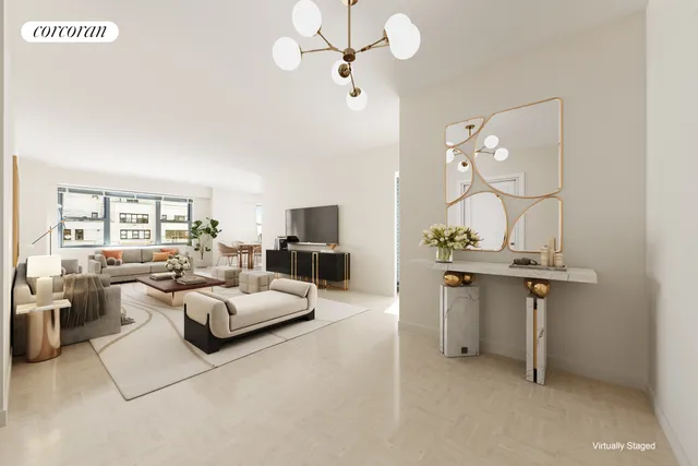 a living room with furniture a chandelier and a flat screen tv