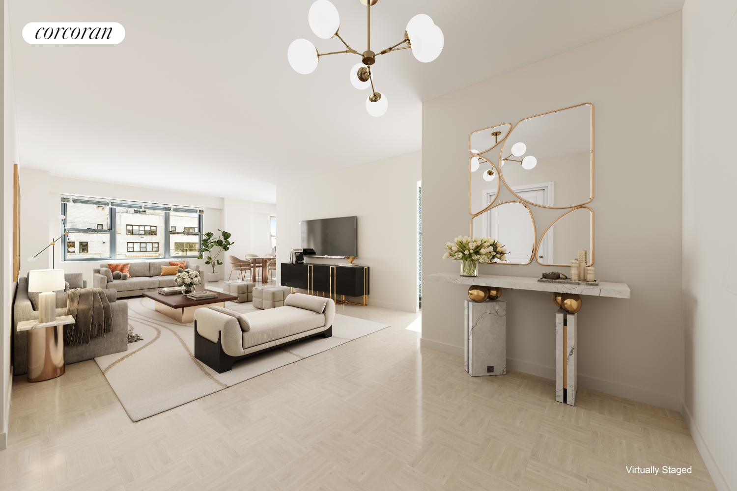 a living room with furniture a chandelier and a flat screen tv