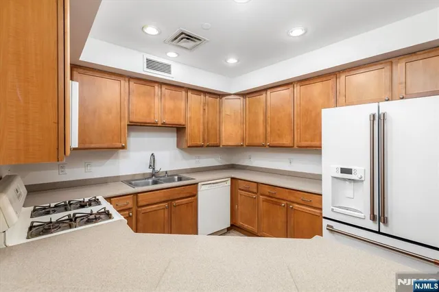 a kitchen with stainless steel appliances granite countertop a stove a sink a refrigerator and cabinets