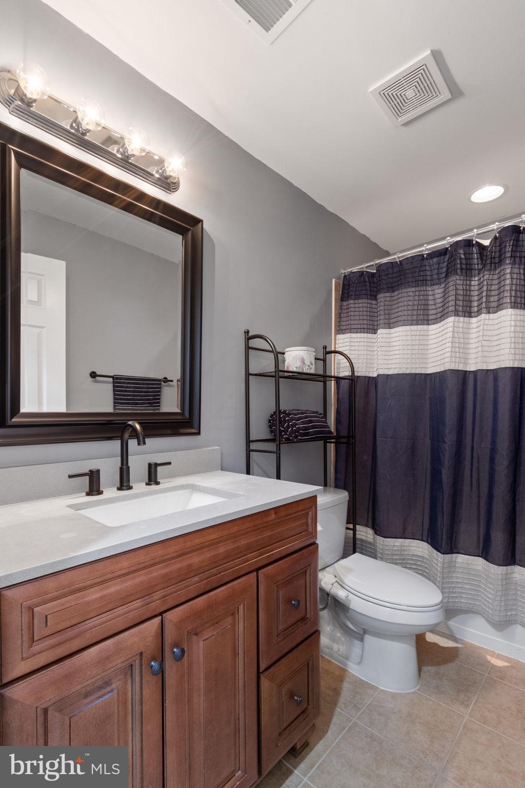 18 Dewitt Road Stafford, VA 22554 - Photo 58 of 73 a bathroom with a sink a toilet a mirror and shower curtain