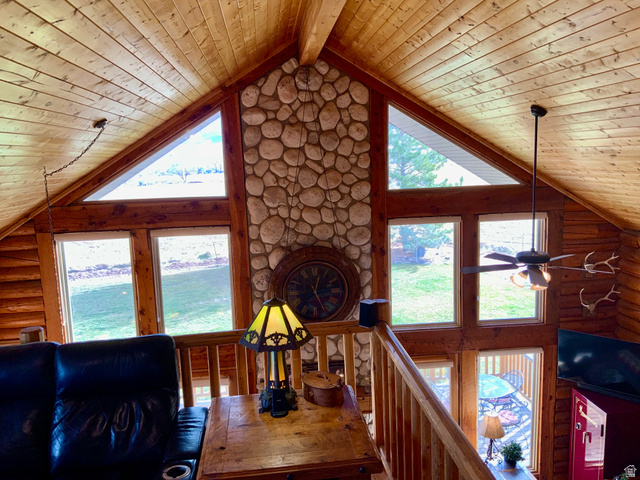 76 Highway 118 Monroe, UT 84754 - Photo 47 of 76 Living room featuring wood ceiling, rustic walls, and high vaulted ceiling