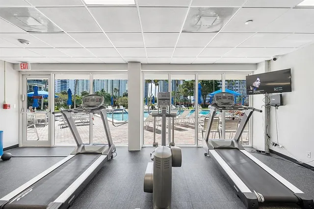 a view of a room with gym equipment