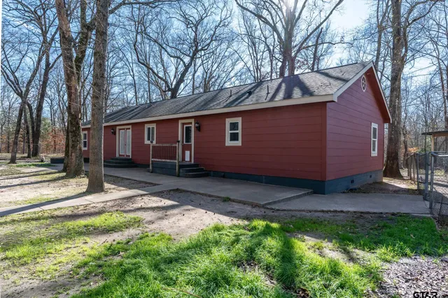 a view of a backyard with a large tree