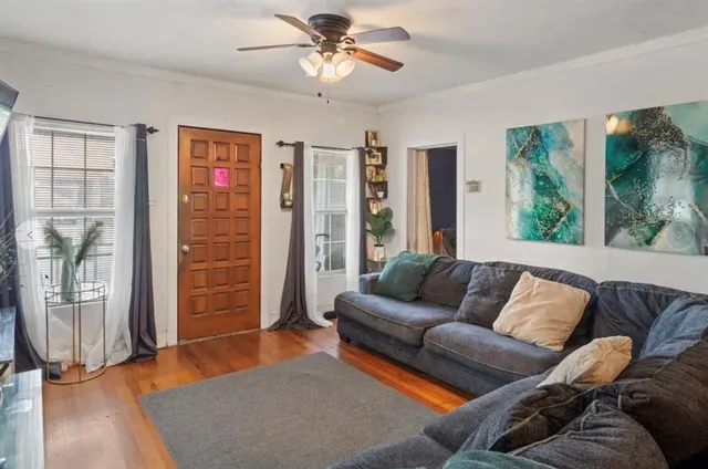 a living room filled with furniture and a potted plant