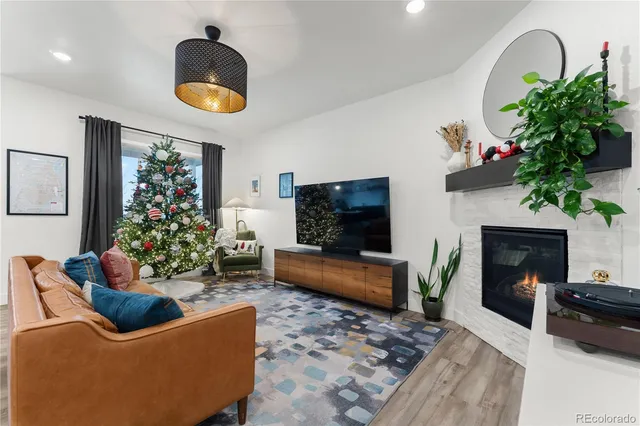 a living room with furniture potted plant and a fireplace