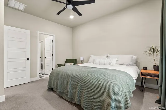 a bedroom with a bed and a cabinets