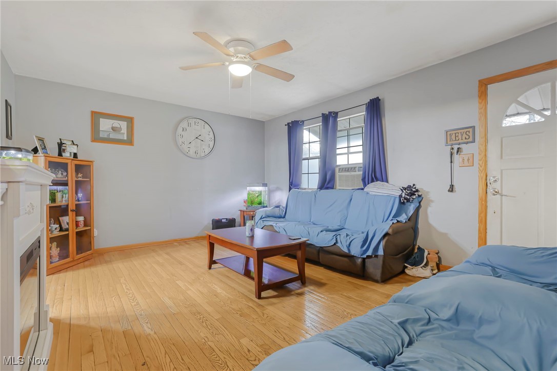 232 McGill Road Vincent, OH 45784 - Photo 11 of 49 Living room with light wood-style flooring, a ceiling fan, and a fireplace