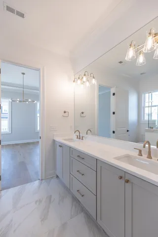 a spacious bathroom with a double vanity sink mirror and shower