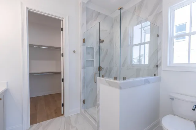 a bathroom with a shower and toilet