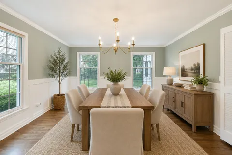 a dining room with furniture a chandelier and wooden floor