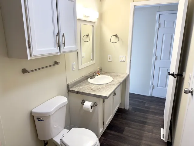 a bathroom with a granite countertop toilet sink and mirror