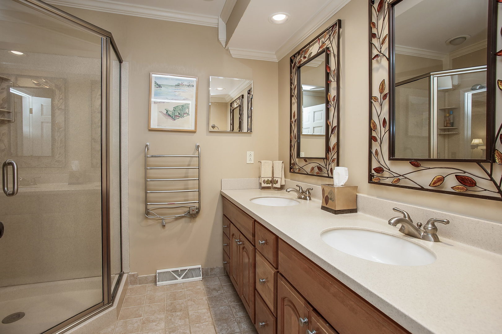 110 Stuarton Drive Wheaton, IL 60189 - Photo 13 of 30 a bathroom with double vanity sink a mirror and a shower