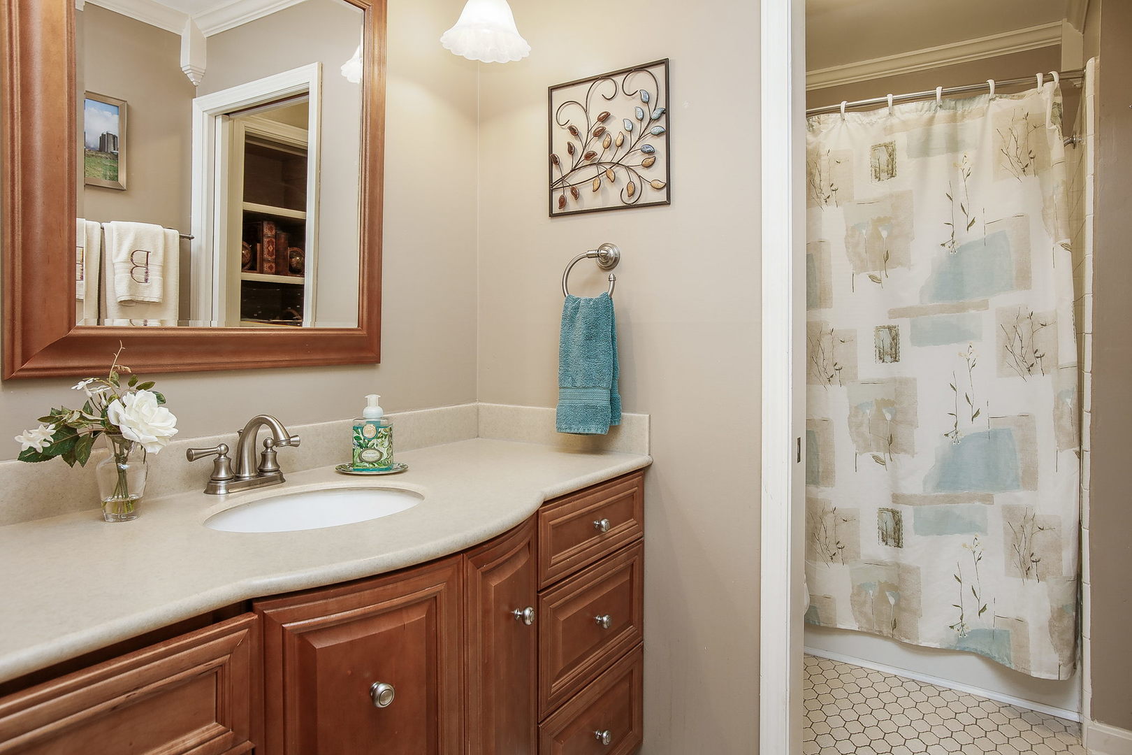 110 Stuarton Drive Wheaton, IL 60189 - Photo 17 of 30 a bathroom with a granite countertop sink a shower and a mirror