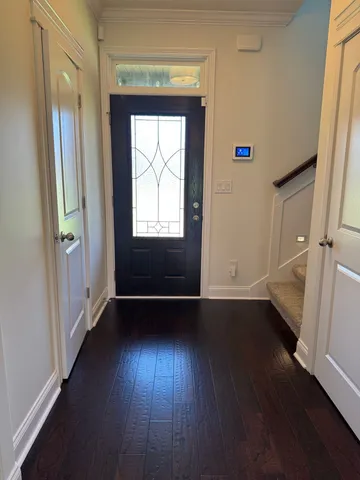 a view of a porch with wooden floor