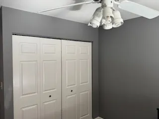 a view of a chandelier in a room