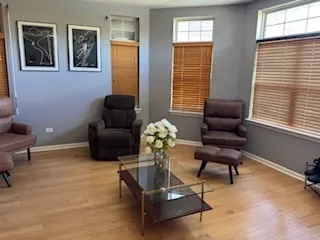 a living room with furniture rug and window