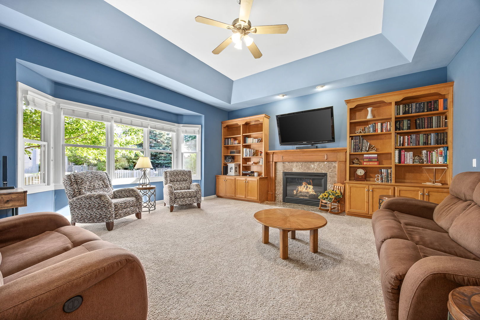 2816 Cordgrass Road Naperville, IL 60564 - Photo 10 of 49 a living room with furniture a fireplace a flat screen tv and a large window