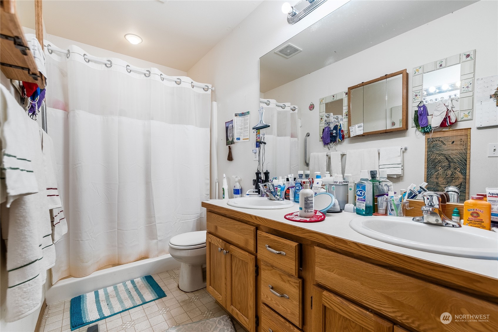 10136 Meadowside Lane Southwest Rochester, WA 98579 - Photo 16 of 32 a bathroom with double vanity a toilet a sink and a mirror