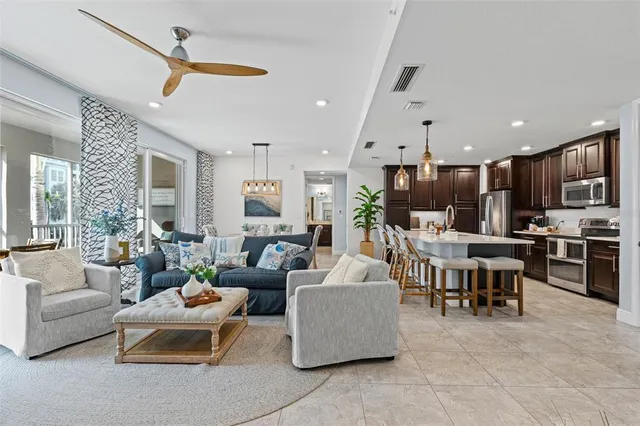 a view of a dining room with furniture