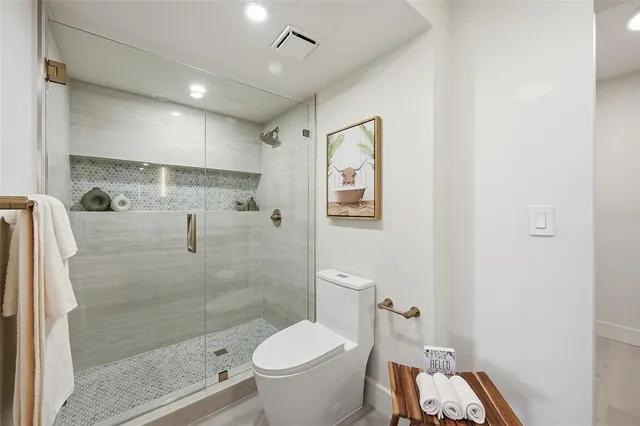 a bathroom with a shower and a toilet