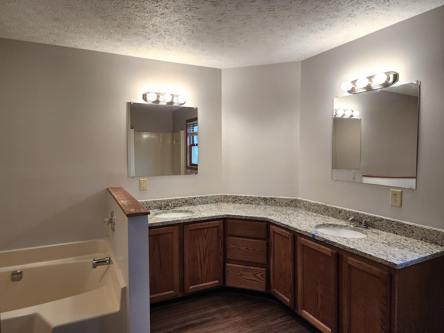 240 Mitchell Court Braidwood, IL 60408 - Photo 9 of 18 a bathroom with a granite countertop sink a mirror and a bathtub