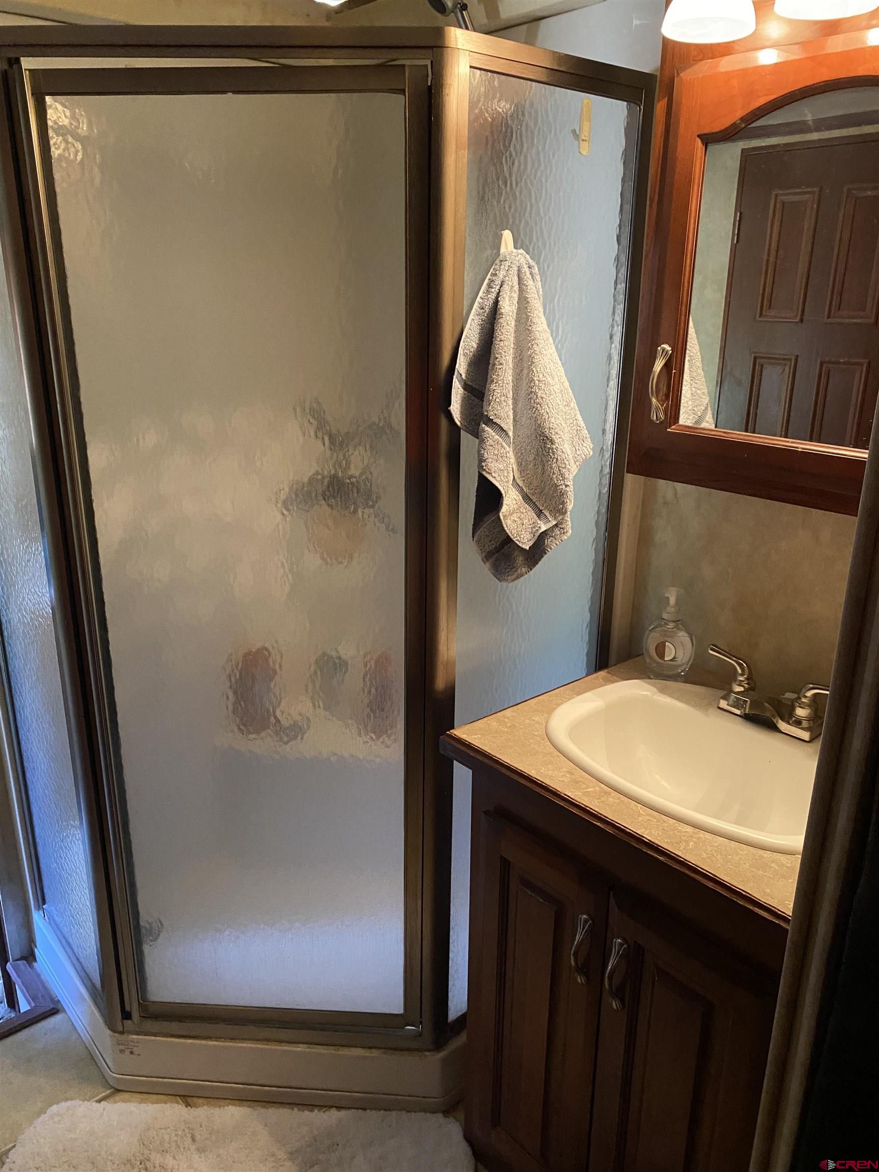 2444 Crooked Road Pagosa Springs, CO 81147 - Photo 18 of 22 a bathroom with a sink a mirror and shower