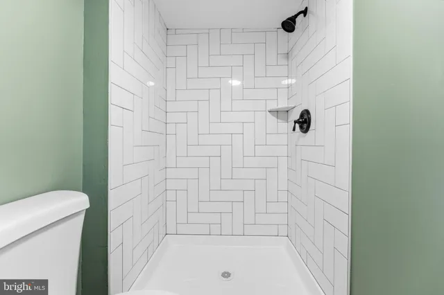 a bathroom with a shower and toilet