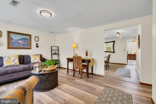 a living room with furniture and a potted plant