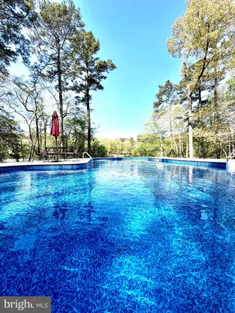 a view of a swimming pool with a patio and wooden deck