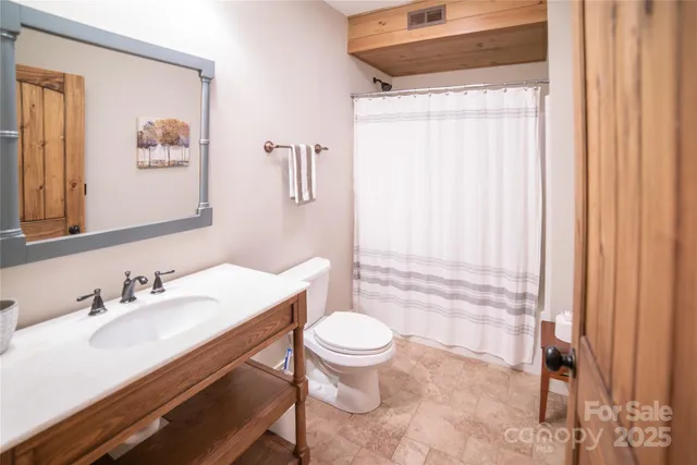 a bathroom with a sink a toilet and shower curtain