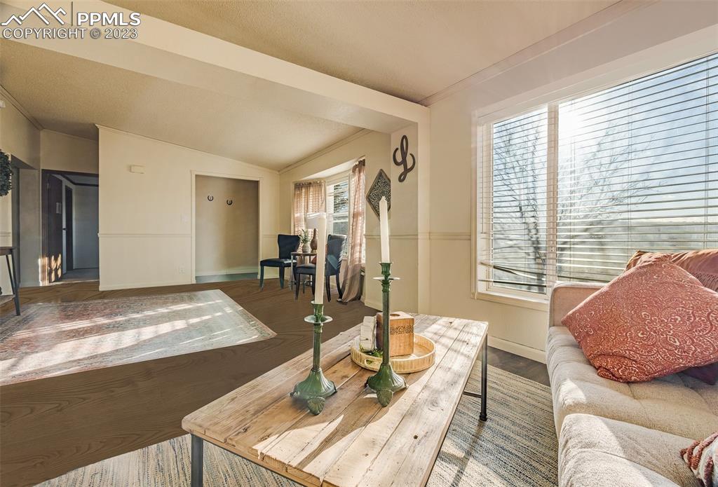 29550 Paint Mine Road Calhan, CO 80808 - Photo 17 of 33 a living room with couch and a dining table with wooden floor