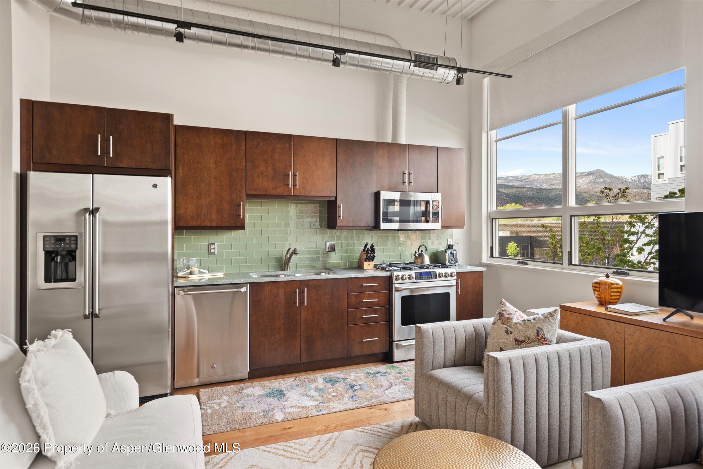 361 Robinson Street, Unit 240 Basalt, CO 81621 - Photo 3 of 11 a living room with stainless steel appliances furniture and a kitchen view