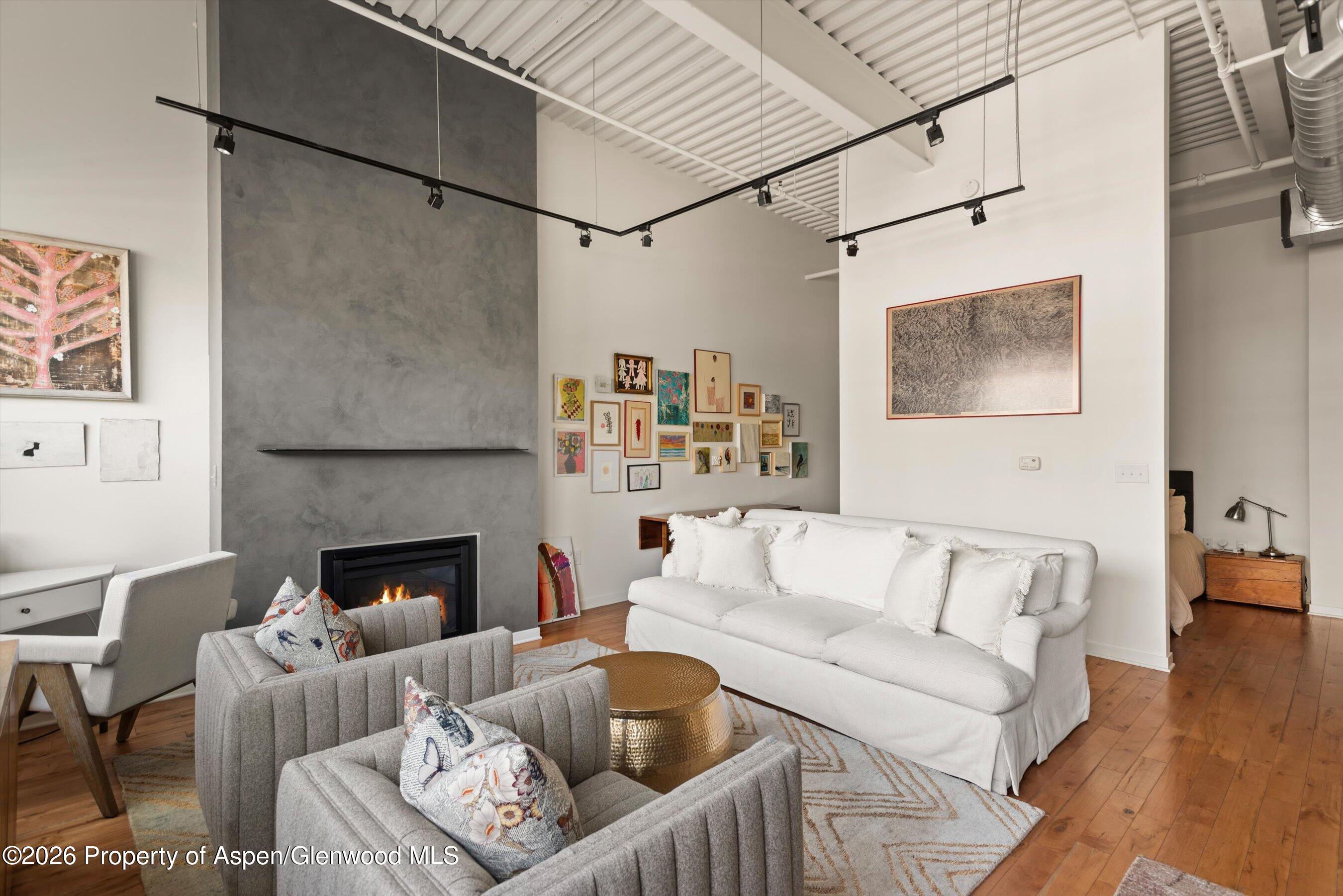 361 Robinson Street, Unit 240 Basalt, CO 81621 - Photo 4 of 11 a living room with furniture and a fireplace