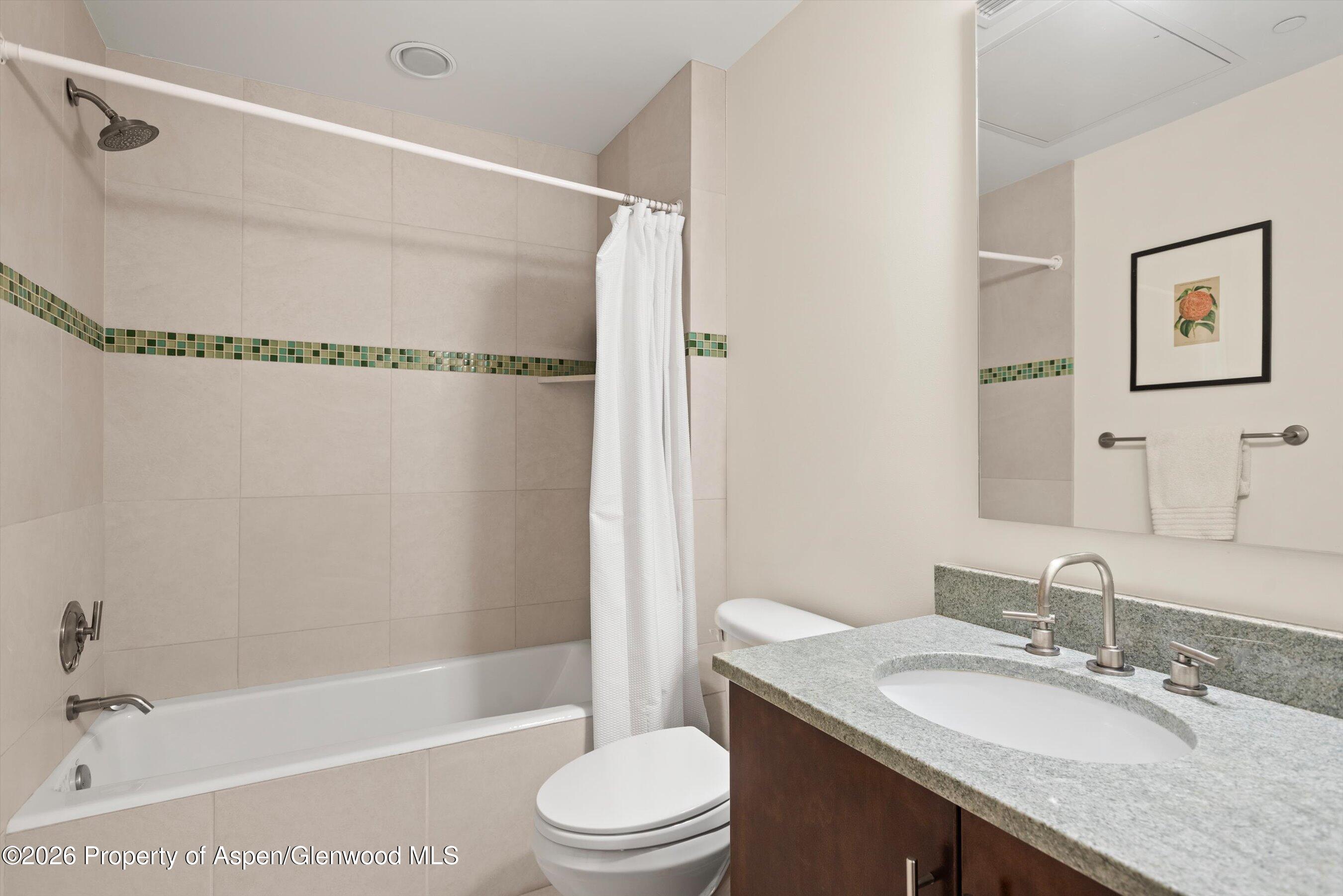 361 Robinson Street, Unit 240 Basalt, CO 81621 - Photo 7 of 11 a bathroom with a granite countertop bathtub shower sink vanity mirror and toilet