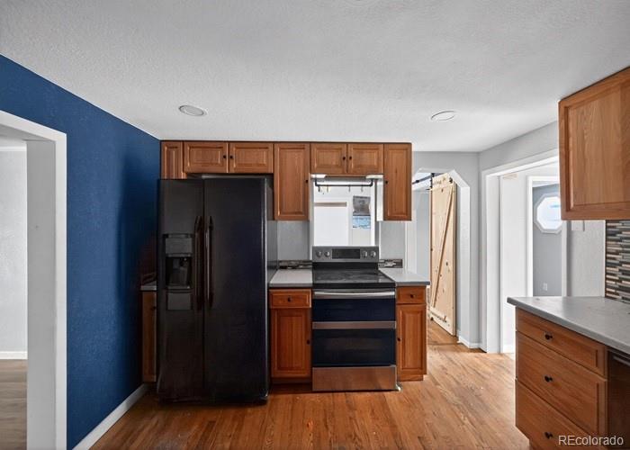6498 South Turkey Creek Road Morrison, CO 80465 - Photo 9 of 19 a kitchen with stainless steel appliances a refrigerator and wooden floor