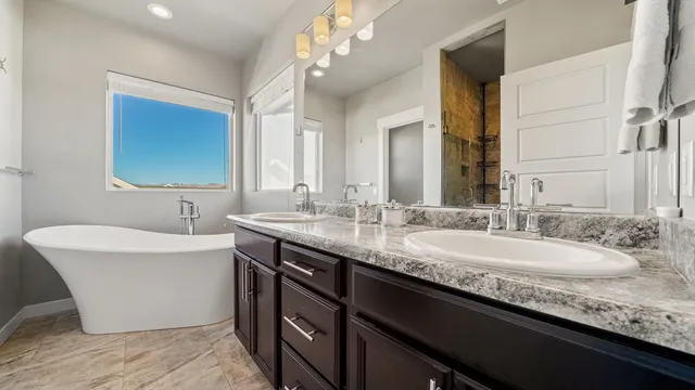 a bathroom with a double vanity sink a mirror and a bathtub