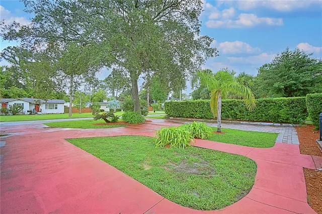 a view of a park with large trees