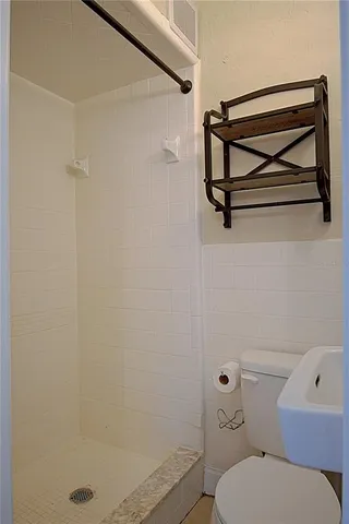 a bathroom with a toilet and a shower