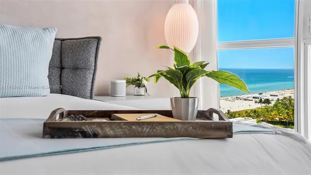 a living room with a couch and a potted plant