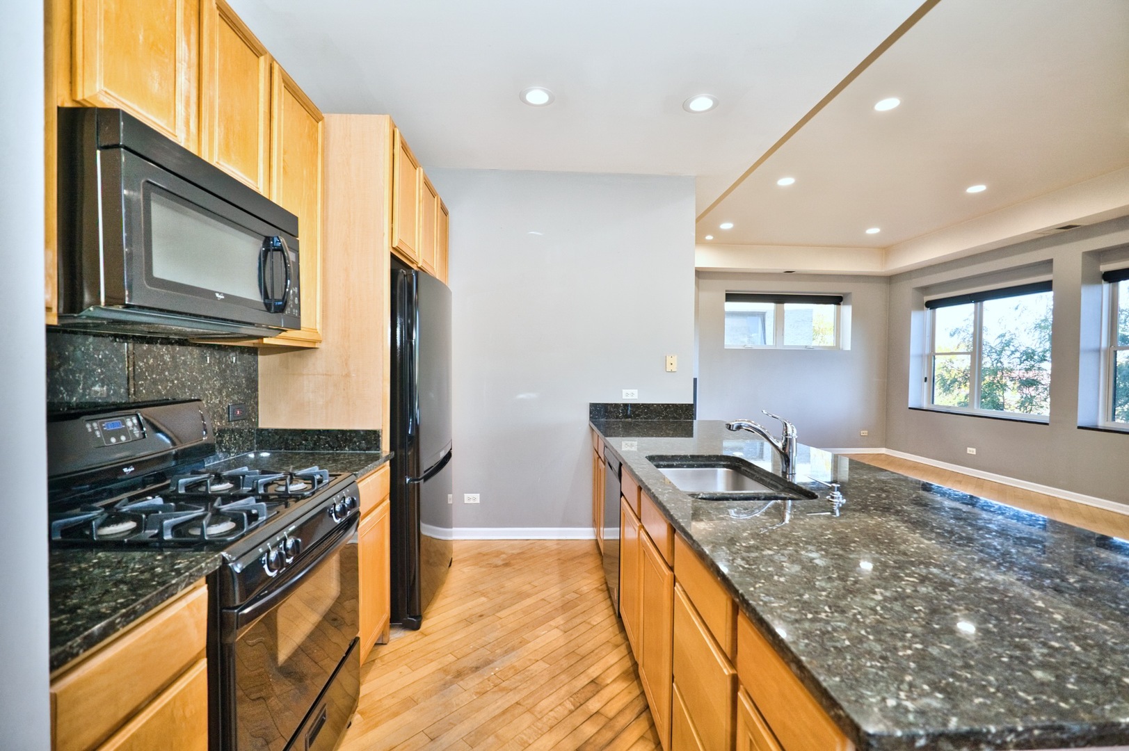 2317 West Wolfram Street, Unit 515 Chicago, IL 60618 - Photo 12 of 35 a kitchen with stainless steel appliances granite countertop a stove a sink and a microwave