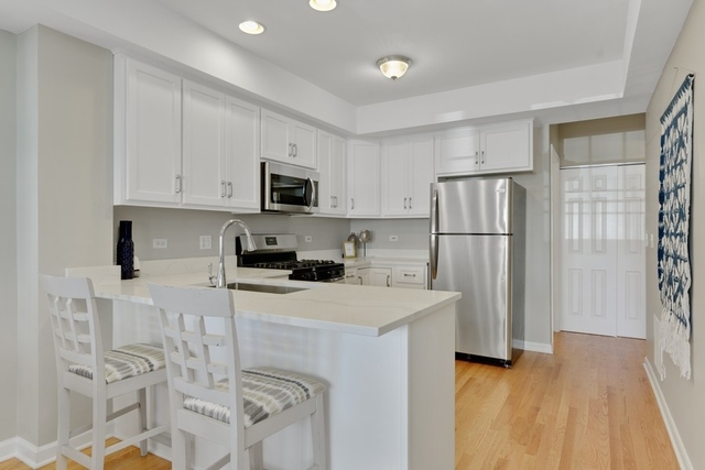 2349 West Harrison Street, Unit 1 Chicago, IL 60612 - Photo 7 of 25 a kitchen with granite countertop a refrigerator a stove a sink dishwasher and a refrigerator with wooden floor
