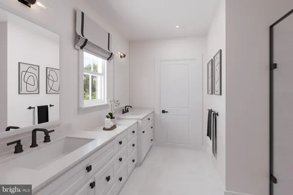 a bathroom with double vanity sink a mirror and a shower