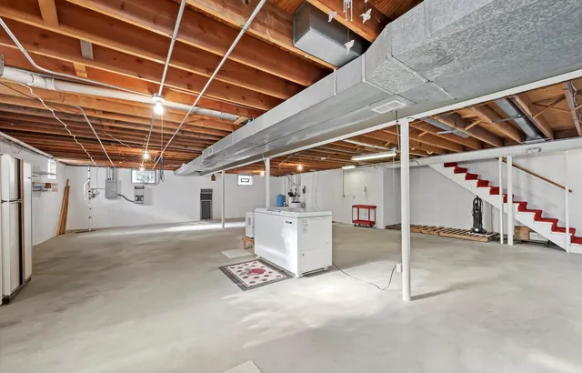 a view of a garage with wooden ceiling