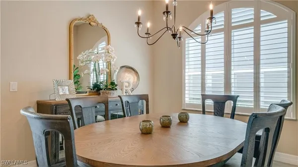 a view of a dining room with furniture and window